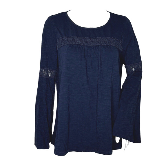 Crown & Ivy Shirt Women Medium Navy Blue Sheer Lace Bell Sleeve Boho Peasant Top - Picture 1 of 7